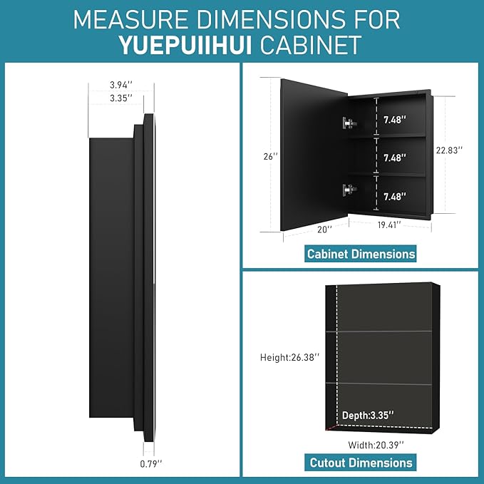 20 x 26 Inch Medicine Cabinet for Bathroom Wall Mounted, Recessed with Beveled Mirror and Adjustable Shelves, Black Cabinet with Ample Storage for Modern House