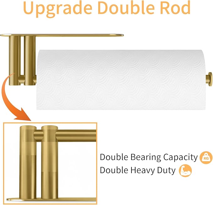 Paper Towel Holder Under Cabinet, 13Inch Self-Adhesive or Wall Paper Towel Holder for Kitchen, Bathroom, RV, Gold
