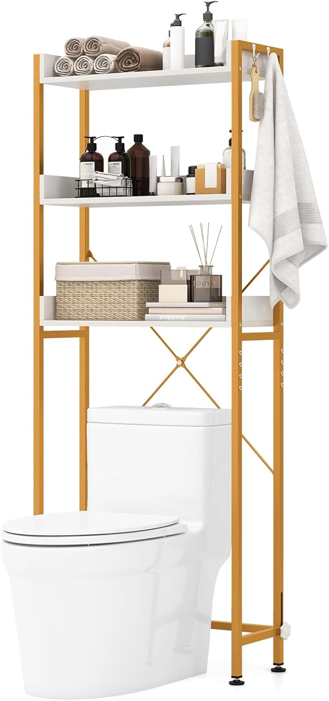 Tangkula Over The Toilet Storage, 3-Tier Toilet Rack Bathroom Space Saver with 4 Hooks & Adjustable Bottom Bar, Freestanding Bathroom Organizer Shelf Over Toilet for Restroom Balcony Laundry (White)