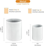 2 Pack Metal Utensil Holder for Kitchen Counter, 7.3"+5.4" Large Cooking Utensil Organizer Vertical Stripe Pattern Embossed Utensil Caddy for Party Cutlery Tool Holder Storage, White