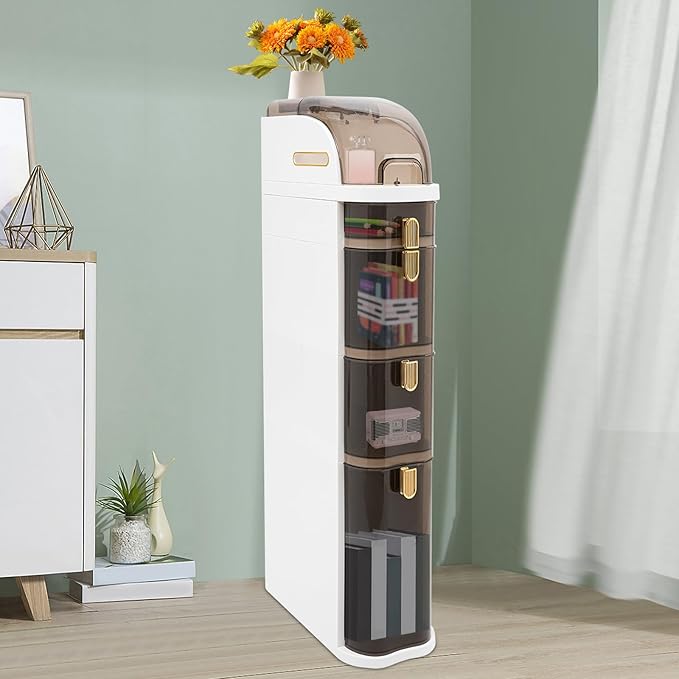 4-Tire Plastic Slim Storage Cabinet, Rolling Bathroom Floor Cabinet with Toilet Paper Holder for Small Sapce Bedroom Living Room