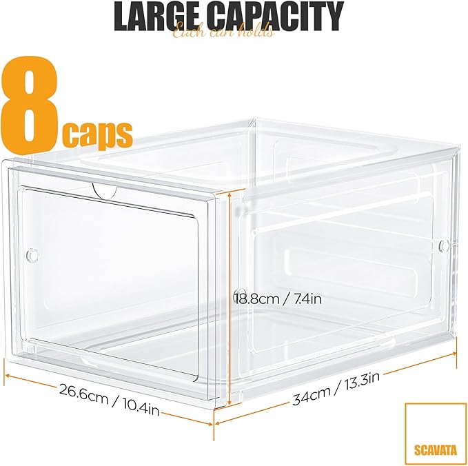 Hat Organizer Box, Stackable Clear Baseball Caps Holder Box Containers with Magnetic Door for Hats Snapback Cap Storag, Hat Rack Display Case, Holds 8 Hats Each (Clear, 2 Pack)