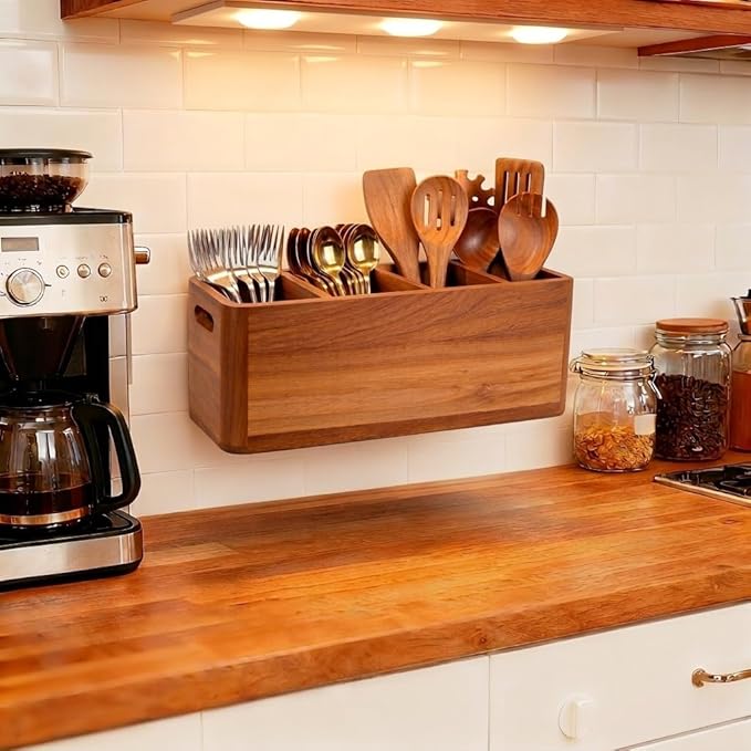 Wooden Kitchen Utensil Holder for Countertop - Extra Large Utensil Organizer for Storage Cooking and Silverware with 4 Compartment, Rustic Acacia Wood Container
