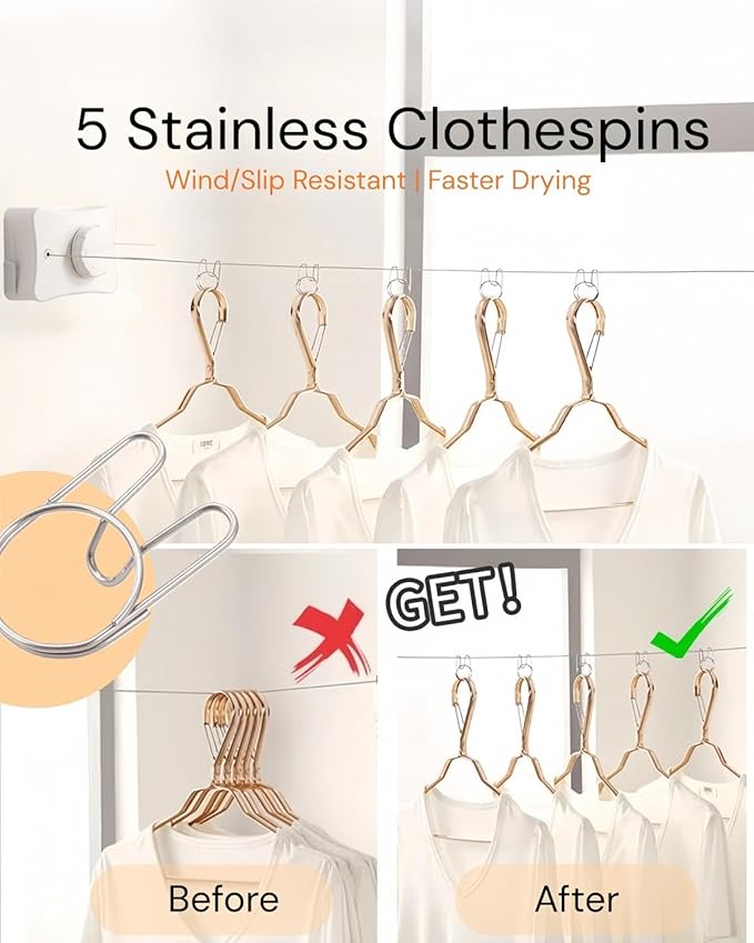 Retractable Clothesline 16.7 ft – Heavy-Duty 44 lb, Rust-Proof Stainless Steel, Wall-Mounted Indoor/Outdoor Laundry Line, Easy Install for Bathroom, Balcony & Apartment (White, Single Line)