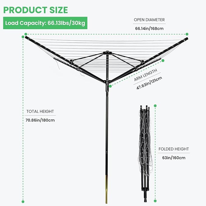 Outdoor Umbrella Drying Rack, 4-Aluminum Arms Folding Rotary Dryer with 12 Lines 165 ft Drying Space Adjustable Height Clothesline w/Waterproof Cover & Ground Spike for Garden Backyard(Black)