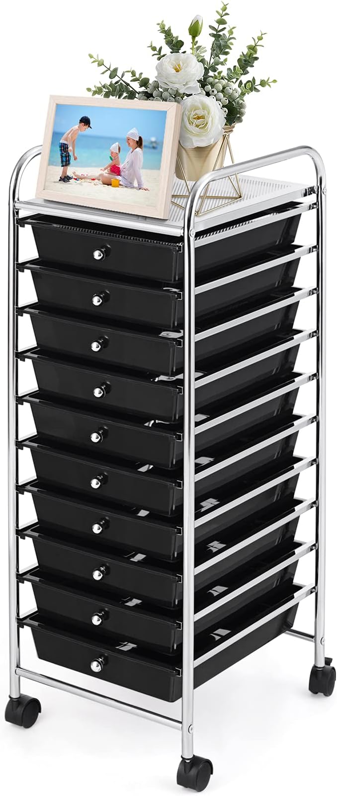 GOFLAME 10-Drawer Rolling Storage Drawer Cart, Utility Cart with Removable Drawers & Metal Frame, Mobile Art Craft Drawer Cart with Lockable Wheels for Home, Office, Studio, School, Black