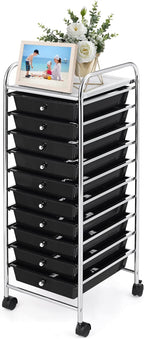 GOFLAME 10-Drawer Rolling Storage Drawer Cart, Utility Cart with Removable Drawers & Metal Frame, Mobile Art Craft Drawer Cart with Lockable Wheels for Home, Office, Studio, School, Black