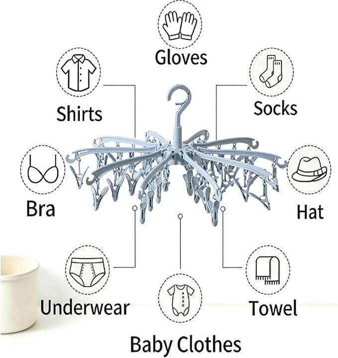 Foldable Drying Rack with 40 Clips for Drying Socks Lingerie Baby Clothes Drying Towels Rotatable Sock Drying Rack (Blue)