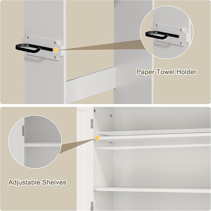 Over The Toilet Storage Cabinet with Gold Trim, Modern Bathroom Organizer Over Toilet with Adjustable Shelves and Toilet Paper Holder for Bathroom (White)