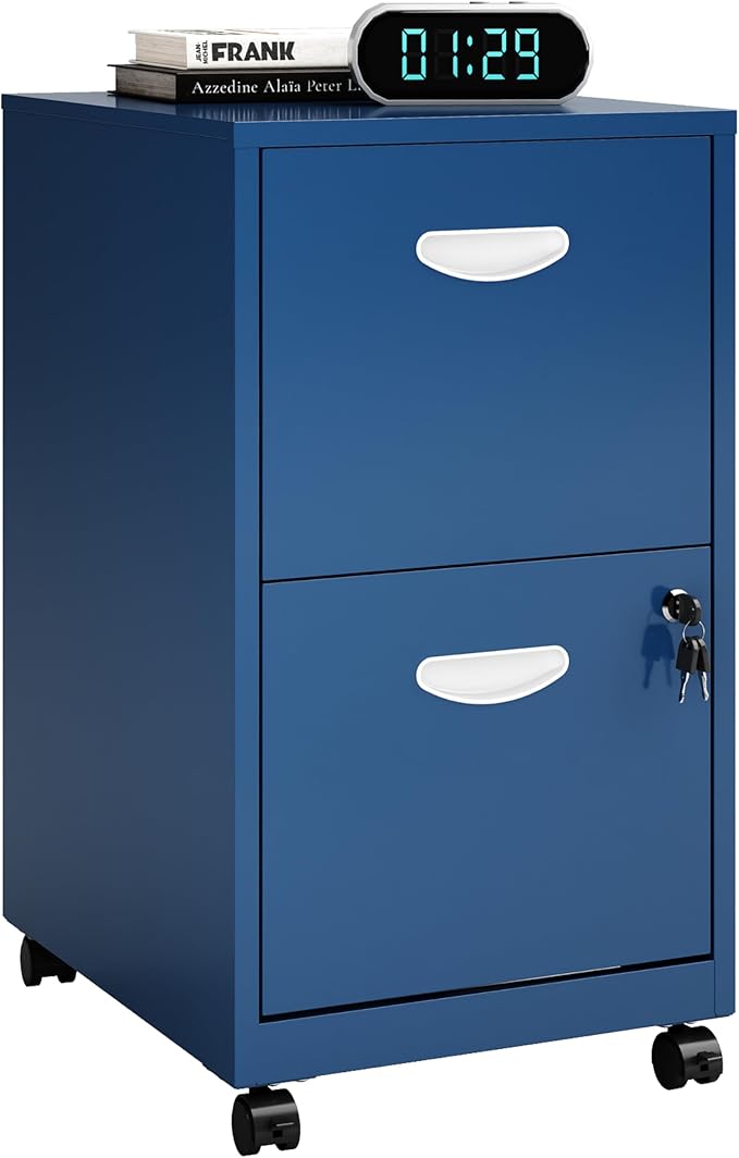2 Drawer File Cabinet with Lock, Small Rolling Filing Cabinet for Home Office, Metal Mobile File Cabinets on Wheels, Blue Office Cabinets for Letter Size Folders - Assembly Required