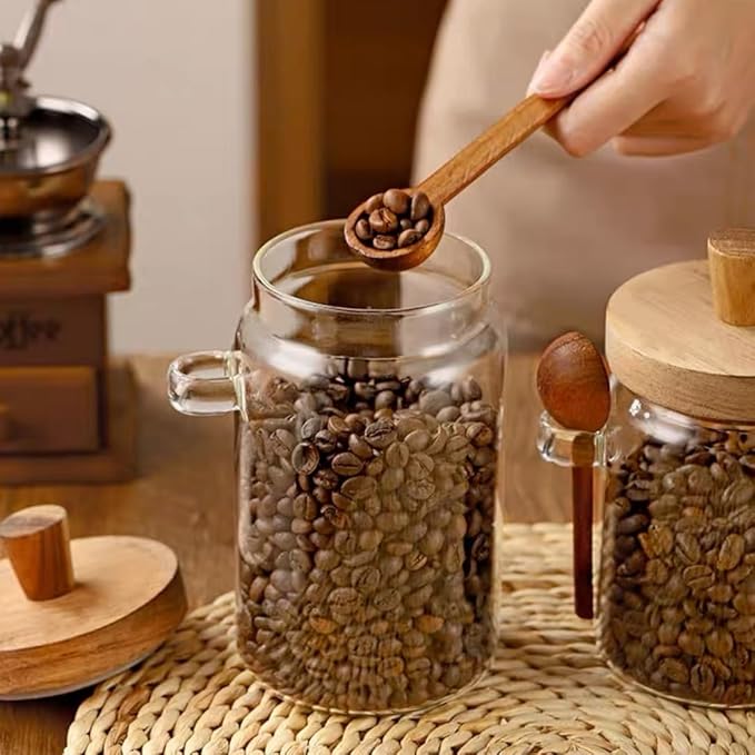 ANSQU Glass Jar with Wooden Lid and Spoon, 20.3oz Food Storage Containers Coffee Jar Coffee Grounds Container, Glass Food Storage Canister (1 Pack)