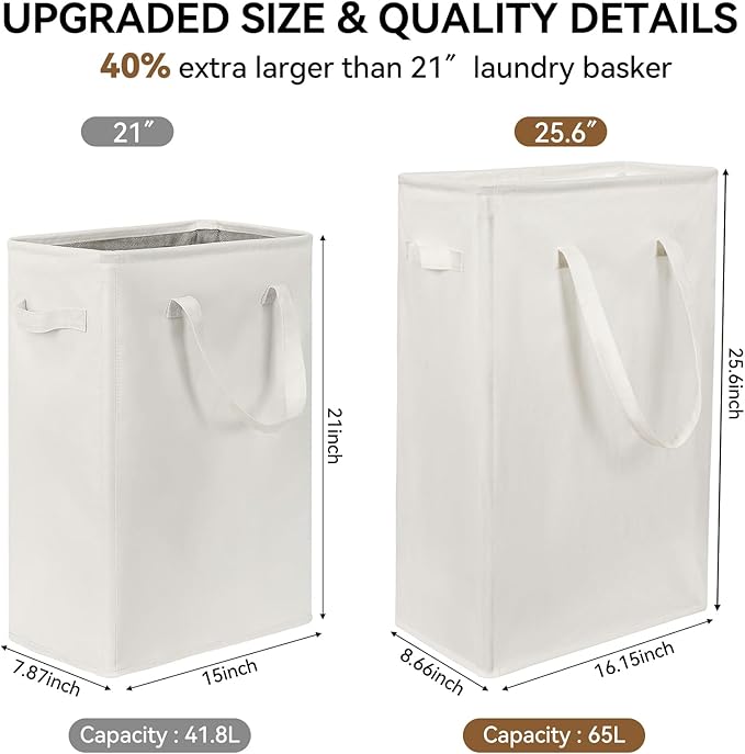 Chrislley 25-Inches Slim Laundry Hamper 60L Narrow Laundry Basket with Handle Foldable Dirty Clothes Portable Skinny Hamper Organizer Storage Bins (Beige)