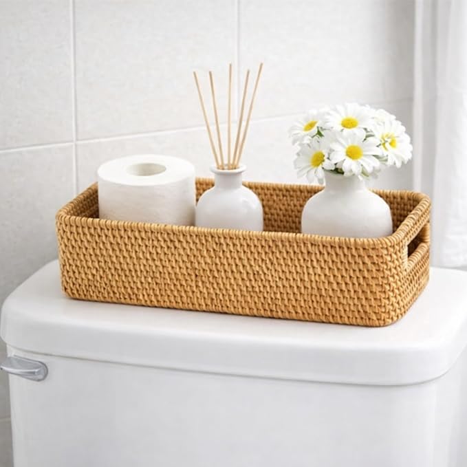Toilet Tank Top Storage Basket, Narrow Rattan Bathroom Organizer with Handles, Wicker Toilet Paper Holder Basket Fits Most Standard Tanks (14.6" L x 6.7" L x 3.9" h)