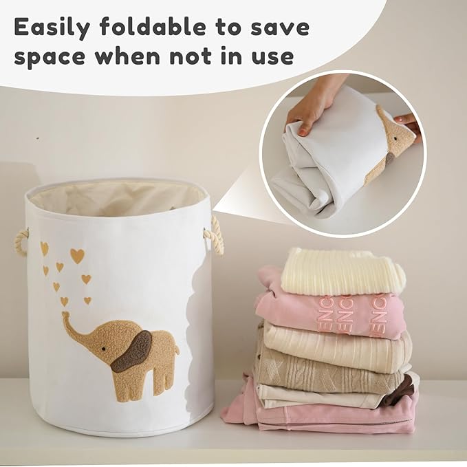 INough Baby Laundry Basket Laundry Hamper, Canvas 58L XL Baby Clothes Basket, Collapsible Brown Laundry Basket for Nursery Toy Baskets with Drawstring Closure, KidsRoom Decor for Boys