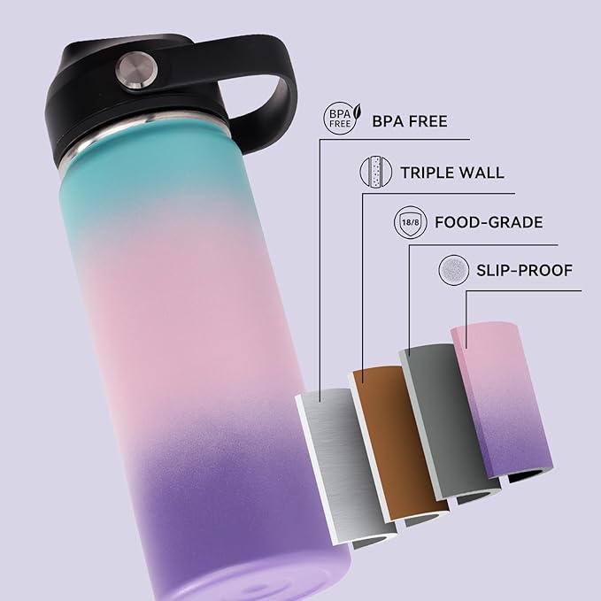 18oz Insulated Stainless Steel Water Bottle, Wide Mouth Double Wall Vacuum, Silicone Straw, Sweat & Leak Proof, BPA Free Insulated Water Flask for Travel, Keep Cold 24h Hot 12h, Pink