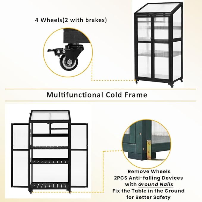 Sturdy Wooden Greenhouse for Balcony or Backyard Use with Rolling Wheels and Adjustable Shelving for Plant Growing (Black + Solid Wood + Wood)