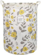 UUJOLY Collapsible Laundry Basket, Laundry Hamper with Handles Waterproof Round Cotton Linen Laundry Hamper Printing Household Organizer Basket, 19.7x15.7 inches, Yellow