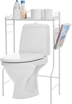 MyGift Over The Toilet Standing Shelf Storage with Magazine Basket, Freestanding Bathroom Space Saver Organizer Rack, White Metal Vintage Scrollwork Accents