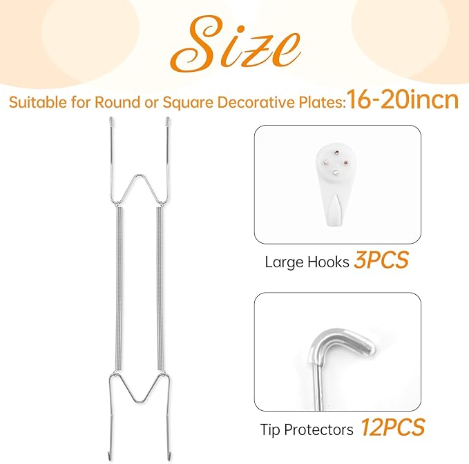 Bilillo 3 Pack Plate Hangers for The Wall, Suitable for 16-20 inch Art Plate, Stainless Steel Invisible Heavy Duty Wire Plate Holder with Wall Hooks, Plate Hangers for Displaying Plates, Silver