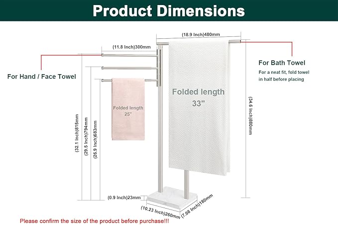 Standing Towel Rack, 304 Stainless Steel Towel Holder Stand with Weighted Marble Base, Floor Bath Towel Racks for Bathroom, Pool, Outdoor with 3 Swivel Towel Arms, Brushed Nickel