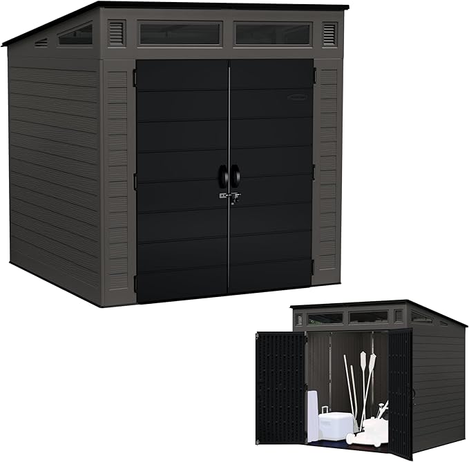 Suncast Modern Outdoor Storage Shed, 200 cu. ft. Peppercorn Resin Shed for Lawn Mower, Bikes, Utility Tools, Patio, & Yard. Weatherproof & Lockable Modern Sheds & Outdoor Storage, Made in USA