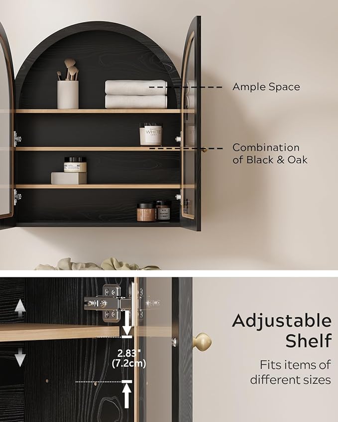 Arched Wall Cabinet, Large Bathroom Medicine Cabinet Wall Mounted Cupboard, Modern Floating Storage Cabinet with Acrylic Door Adjustable Shelf, Wood Organizer (Black-Oak)