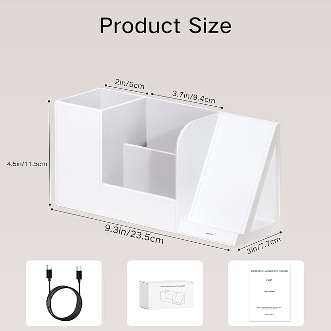 Multi-Functional Pencil Holder for Desk, Desk Organizers and Accessories with 4 Compartments for Office Art Supplies,Desk Phone Stand Charger for Desktop/Counter,Wihte Office Storage for Pens, Keys