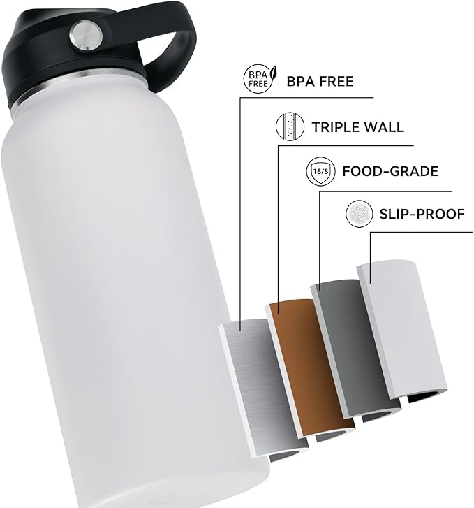 32oz Insulated Stainless Steel Water Bottle, Wide Mouth Double Wall Vacuum, Silicone Straw, Sweat & Leak Proof, BPA Free Insulated Water Flask for Travel, Keep Cold 24h Hot 12h, White