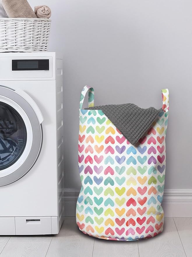 Ambesonne Watercolor Laundry Bag Pack of 2, Valentine's Day Theme Colorful Little Hearts Vibrant Paintbrush Effect, Hamper Basket with Handles Drawstring Closure, 13" x 19", Dark Blue