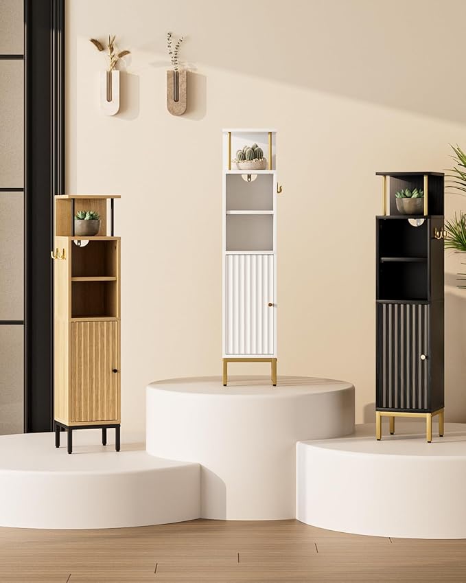 Bathroom Storage Cabinet,Small Corner Floor Cabinet with 2 Hook,Narrow Tall Toilet Paper Cabinet with Adjustable Shelves,Bathroom Organizer for Living Room,Small Spaces (Wave, Black-37''H)