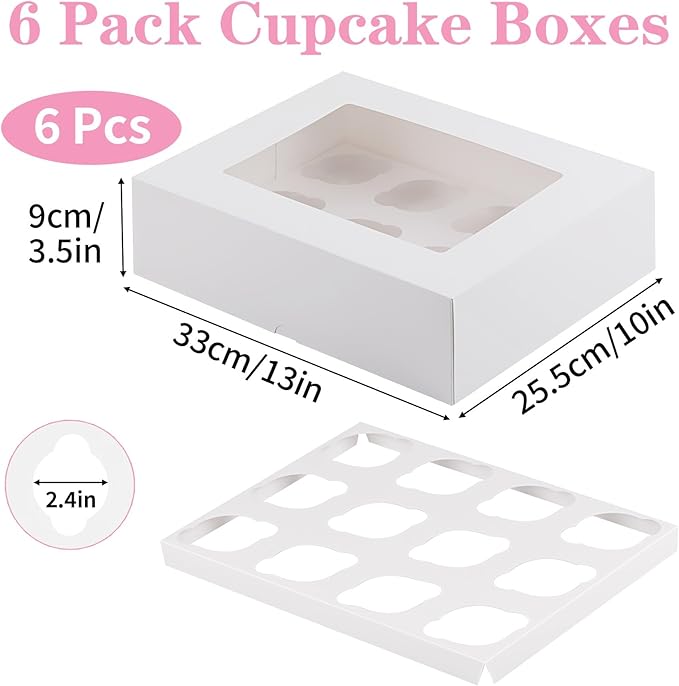 Cupcake Boxes, 6 Pack Disposable Cupcake Containers, Food Grade Cupcake Carrier 12 Count with Window and Inserts, Cupcake Transport Holders Bulk for Muffins Cookies Treats Dessert（White）