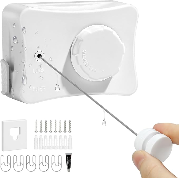Retractable Clothesline 16.7 ft – Heavy-Duty 44 lb, Rust-Proof Stainless Steel, Wall-Mounted Indoor/Outdoor Laundry Line, Easy Install for Bathroom, Balcony & Apartment (White, Single Line)