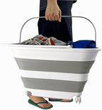 SAMMART 35L (9.24 Gallons) Collapsible Plastic Laundry Basket with Handle and Wheels - Foldable Pop Up Storage Container/Washing Tub - Space Saving (1, White/Grey)