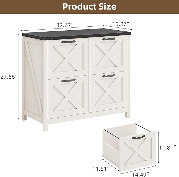 Lateral File Cabinet with 4 Drawers, Farmhouse File Cabinet for Letter/A4 Size Hanging Files, Large Wood File Storage Cabinets Printer Stand for Home Office Cabinets, Rustic White and Black
