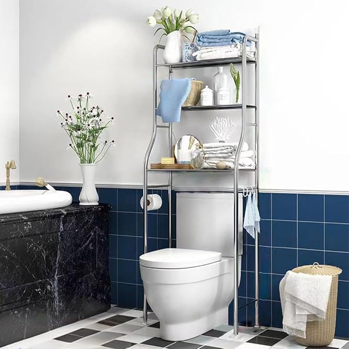 3-Tier Toilet Overhead Shelf, Freestanding Stainless Steel Bathroom Over Toilet Organizer Rack, Space-Saving Toilet Overhead Storage Rack, Tall Bathroom Toilets Shelf for Restroom, Laundry, Balcony
