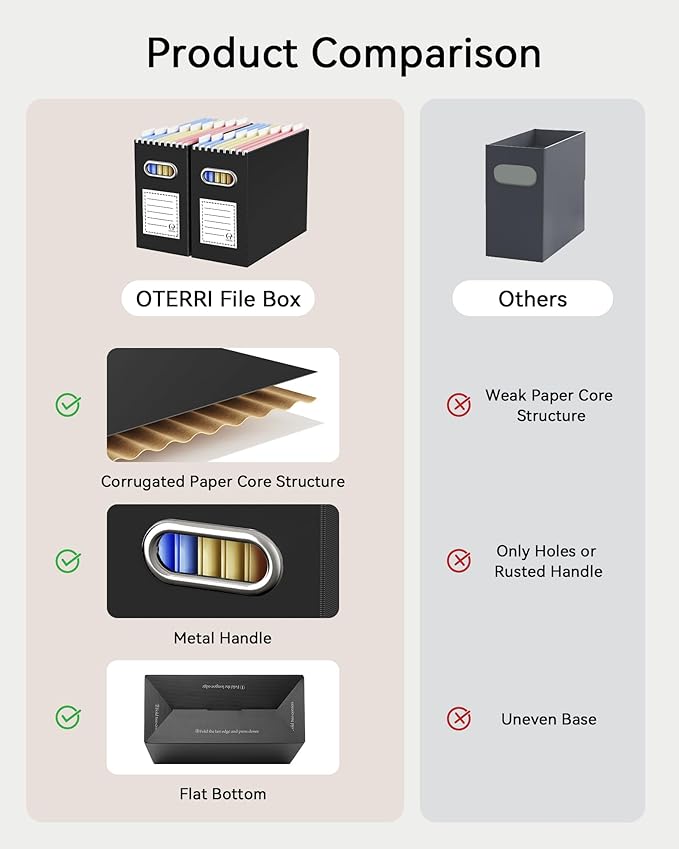 Oterri File Organizer Box, Portable Collapsible Cardboard File Folder Organizer with Handle for Letter Size Hanging Files, Document Storage Box for Home Office & Classroom (4 Packs, Black)