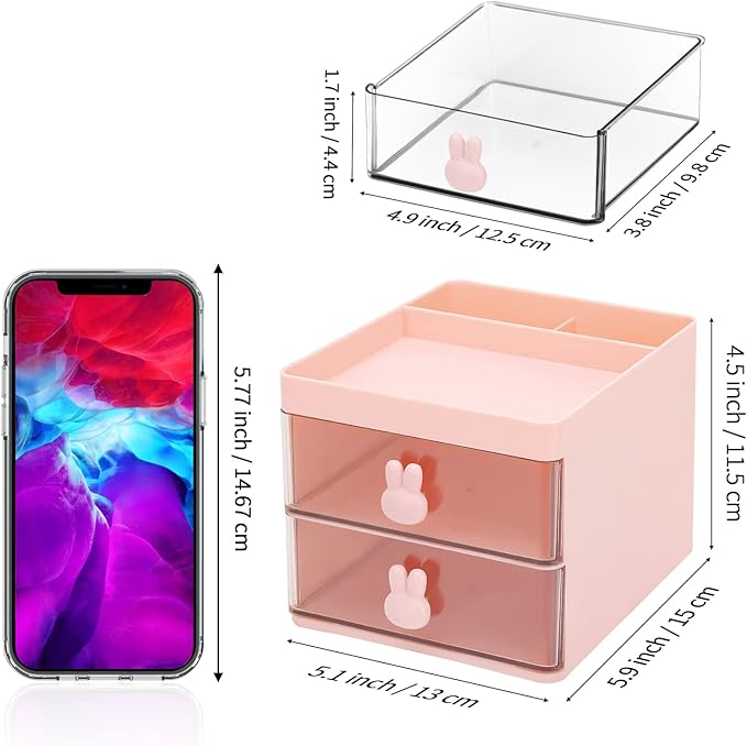 LETURE Small Desk Organizer With Drawer, Office Desktop Storage Box, Business Card/Pen/Pencil/Mobile Phone/Stationery Holder Storage Box, Makeup Organizer for Office School Home (Pink)