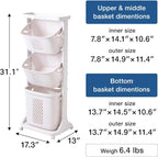 Japard 83 Litres Rolling Laundry Hamper Ultra Slim, Vertical 3 Sorter Cart with Wheels and Breaks, 3-tier Baskets Detachable for Dorm, Closet, Easy Assembly White Gray
