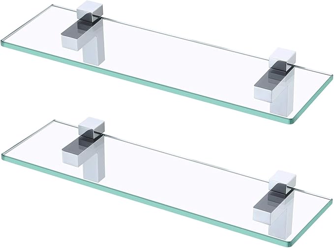 KES Glass Shelves for Bathroom, Bathroom Tempered Glass Shelf Rectangle 16 Inch Bracket Wall Mount 2 Pack Polished Chrome, BGS3201S40-P2