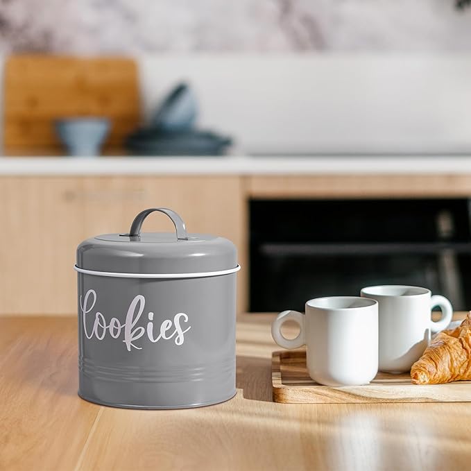 Gray Cookie Jar for Kitchen Counter, 1 Gallon Vintage Cookie Jar with Airtight Lid, Large Food Storage Container for Candy, Cookies, Dessert, Farmhouse Kitchen Decor and Accessories