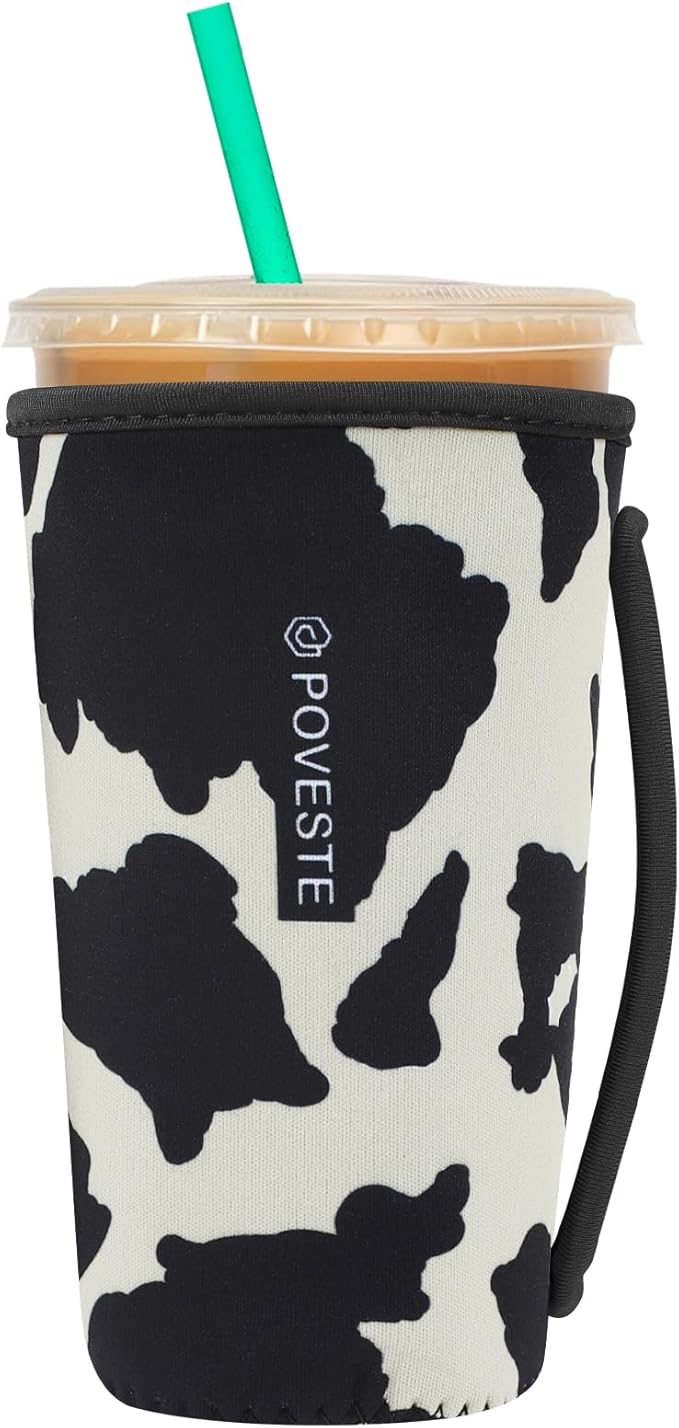 Reusable Neoprene Insulator Sleeve for Iced Coffee & Cold Soda, Coffee Sleeves for Iced & Hot Drinks, Cold Beverage Cooler Compatible with Starbucks, Dunkin (Cow Print, Large: 32oz)