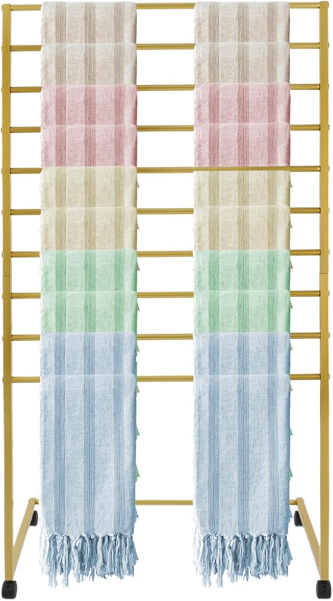 Scarf Organizer, 10-Tier Metal Scarf Display Stand with Wheels, Freestanding Scarf Display Rack, Retail Store Towel Rack, Ties Belt Pants Hanging Rack, for Boutique Display, Home (Gold-10 Rods)
