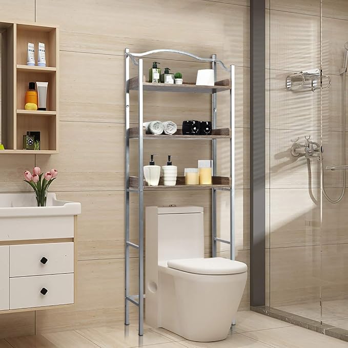 Giantex 3-Tier Over-The-Toilet Rack, Freestanding Bathroom Space Saver W/ 3 Open Shelves & Sturdy Metal Frame, Mid-Century Storage Rack for Bathroom, Laundry Room, Easy Assembly (Sliver)