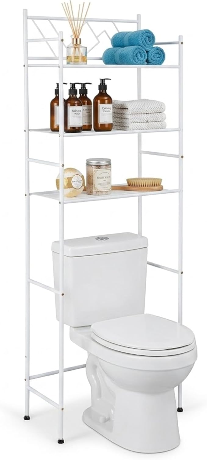 Home Zone Living Over-The-Toilet Bathroom Storage Organizer with 3-Tier Shelves and Adjustable Feet, Freestanding Steel Frame Design, White