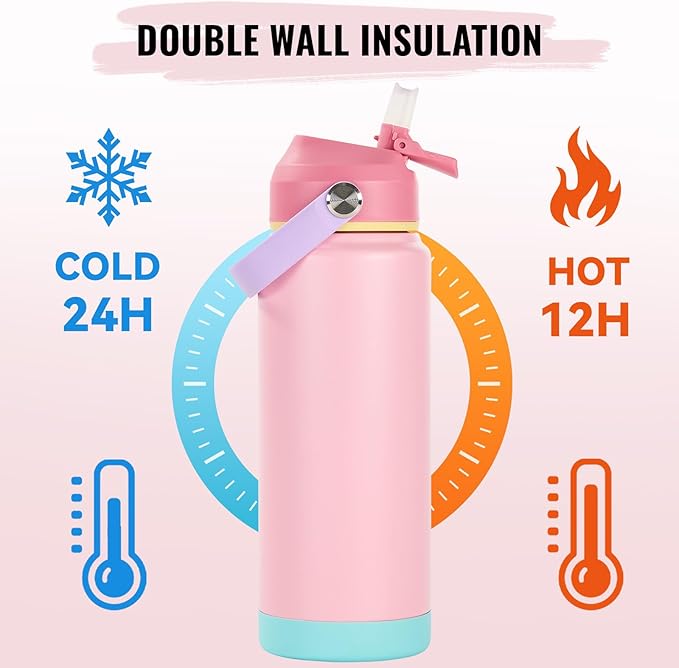 24oz Insulated Stainless Steel Water Bottle, Wide Mouth Double Wall Vacuum, Silicone Straw, Sweat & Leak Proof, BPA Free Insulated Water Flask for Travel, Keep Cold 24h Hot 12h, Cherry