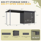 AECOJOY 8x4 FT Outdoor Storage Shed & Hardtop Gazebo Combo, 14x4FT Metal Lean to Shed with 6‘x4’ Open Pergola, 2-in-1 Tool Sheds & Outdoor Storage for Patio, Backyard, Garden