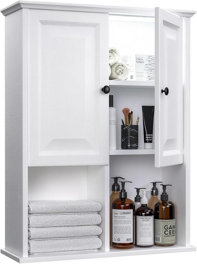 HAIOOU Bathroom Wall Cabinet with Motion Sensor LED Light, Wooden Medicine Cabinet Wall Mounted Cupboard, Over Toilet Storage Cabinet with Buffering Hinges and Adjustable Shelf - Modern White