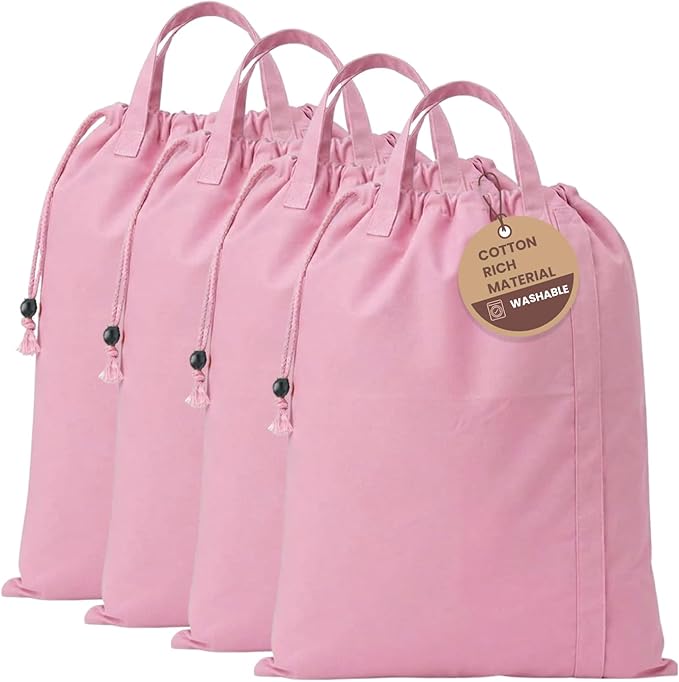 LFH Home Large Premium Cotton Canvas Laundry Bag with Drawstring and Handles Heavy Duty, Multi-Use, Washable for Home, Travel, College or Storage 24x36 (Pack of 4)-Pink