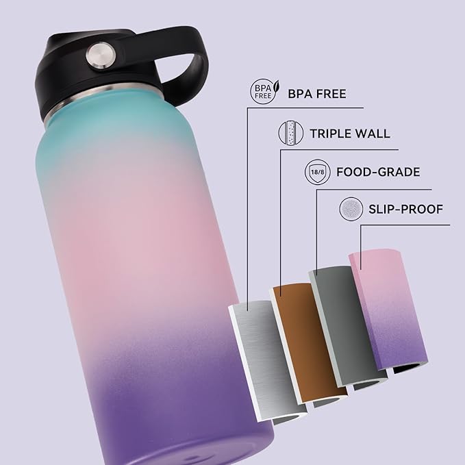 32oz Insulated Stainless Steel Water Bottle, Wide Mouth Double Wall Vacuum, Silicone Straw, Sweat & Leak Proof, BPA Free Insulated Water Flask for Travel, Keep Cold 24h Hot 12h, Pink