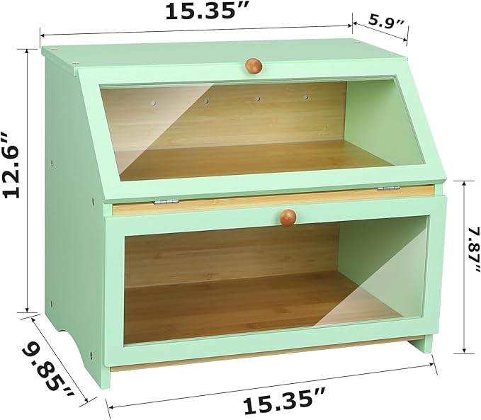 HOMEKOKO Double Layer Large Bread Box for Kitchen Counter, Wooden Large Capacity Bread Storage Bin (Mint Green)